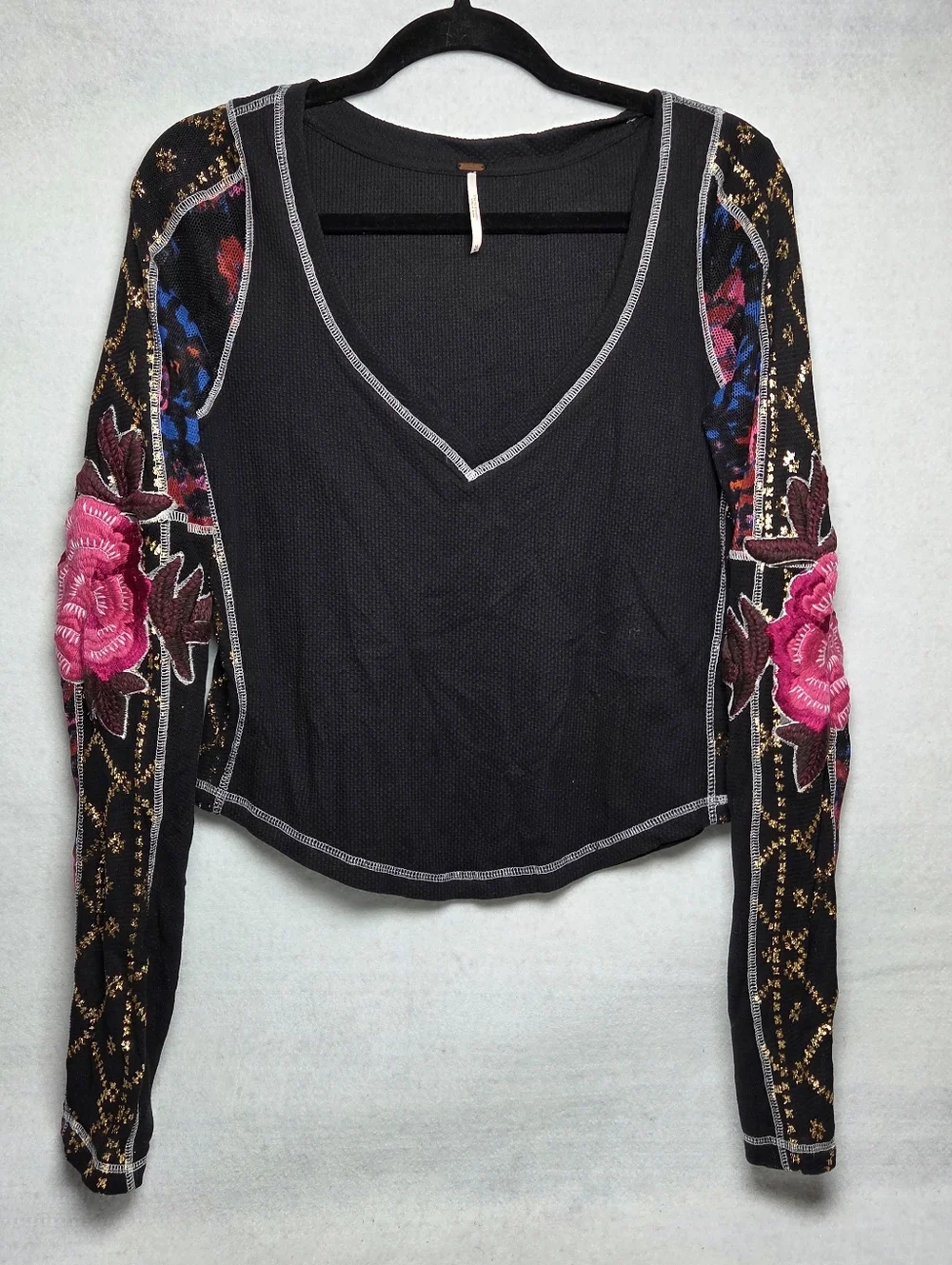 Free People Amara Top  Long Sleeve Floral Embroidery Black Multi Boho Size M